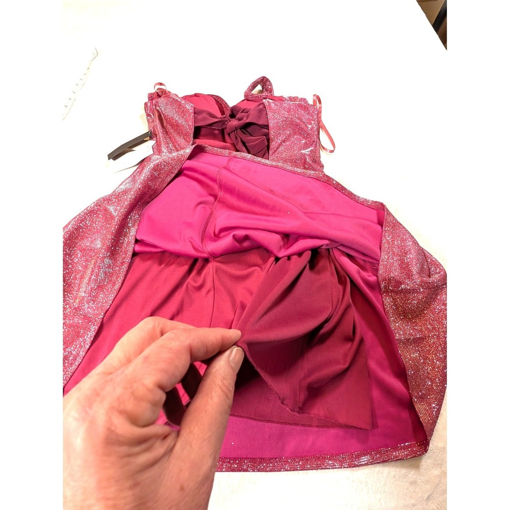City Vibe Womens Junior Magenta Glitter Metallic Bow Flare Dress Size 11 Formal - Picture 8 of 11